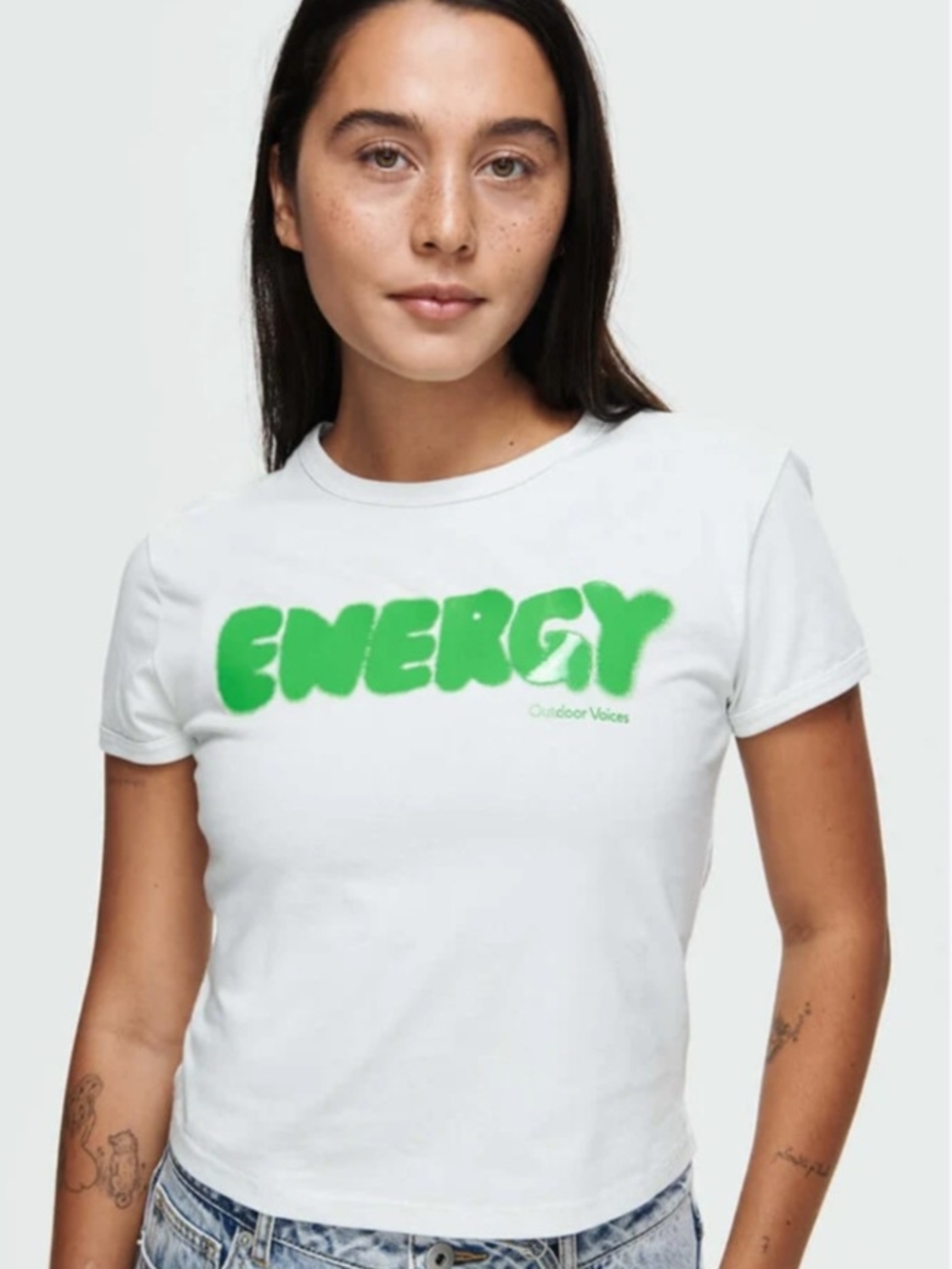 Outdoor Voices White Short-Sleeve Tee with Green ENERGY Logo